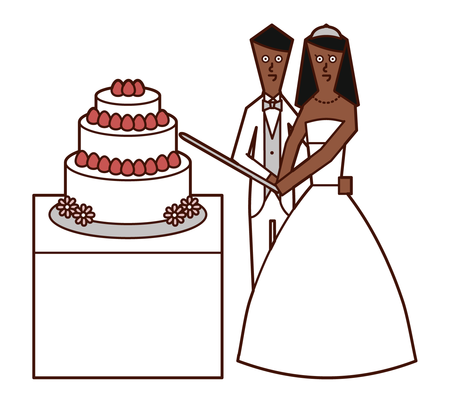 新娘和新郎切蛋糕的插圖