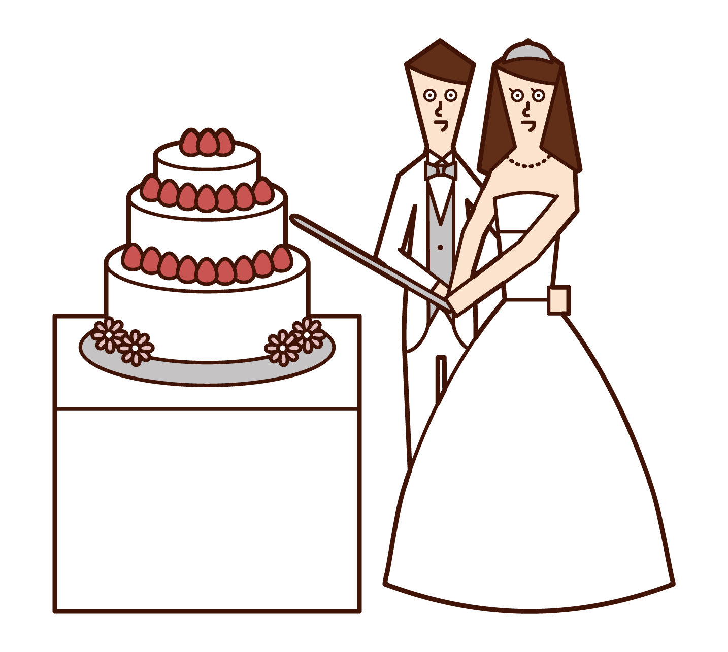 Illustration of bride and groom cutting cake