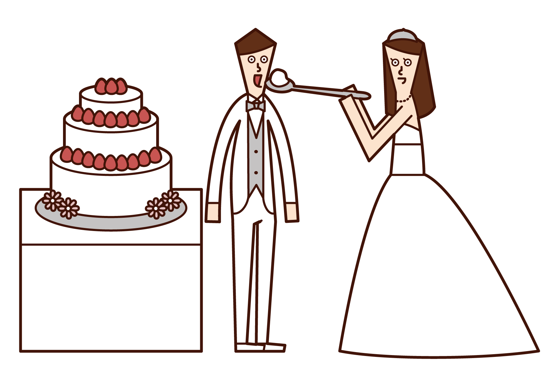 Illustration of a bride and groom who do a first-bite job