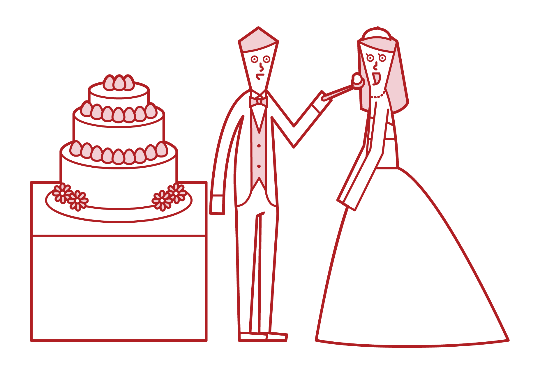 新娘和新郎吃婚禮蛋糕的插圖