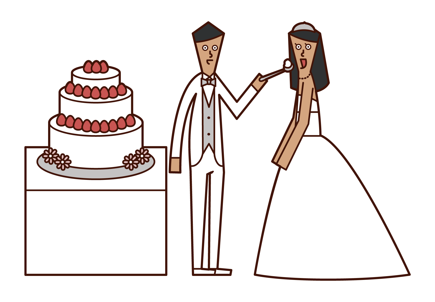 新娘和新郎吃婚禮蛋糕的插圖