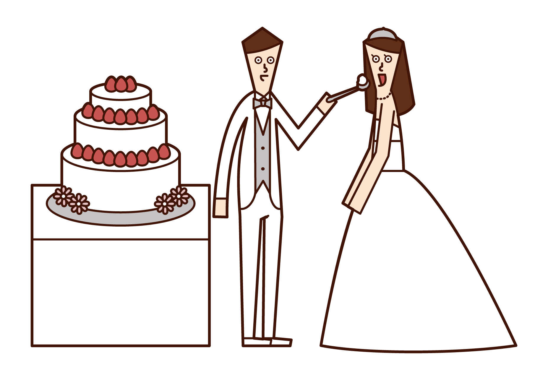 Illustration of bride and groom eating wedding cake