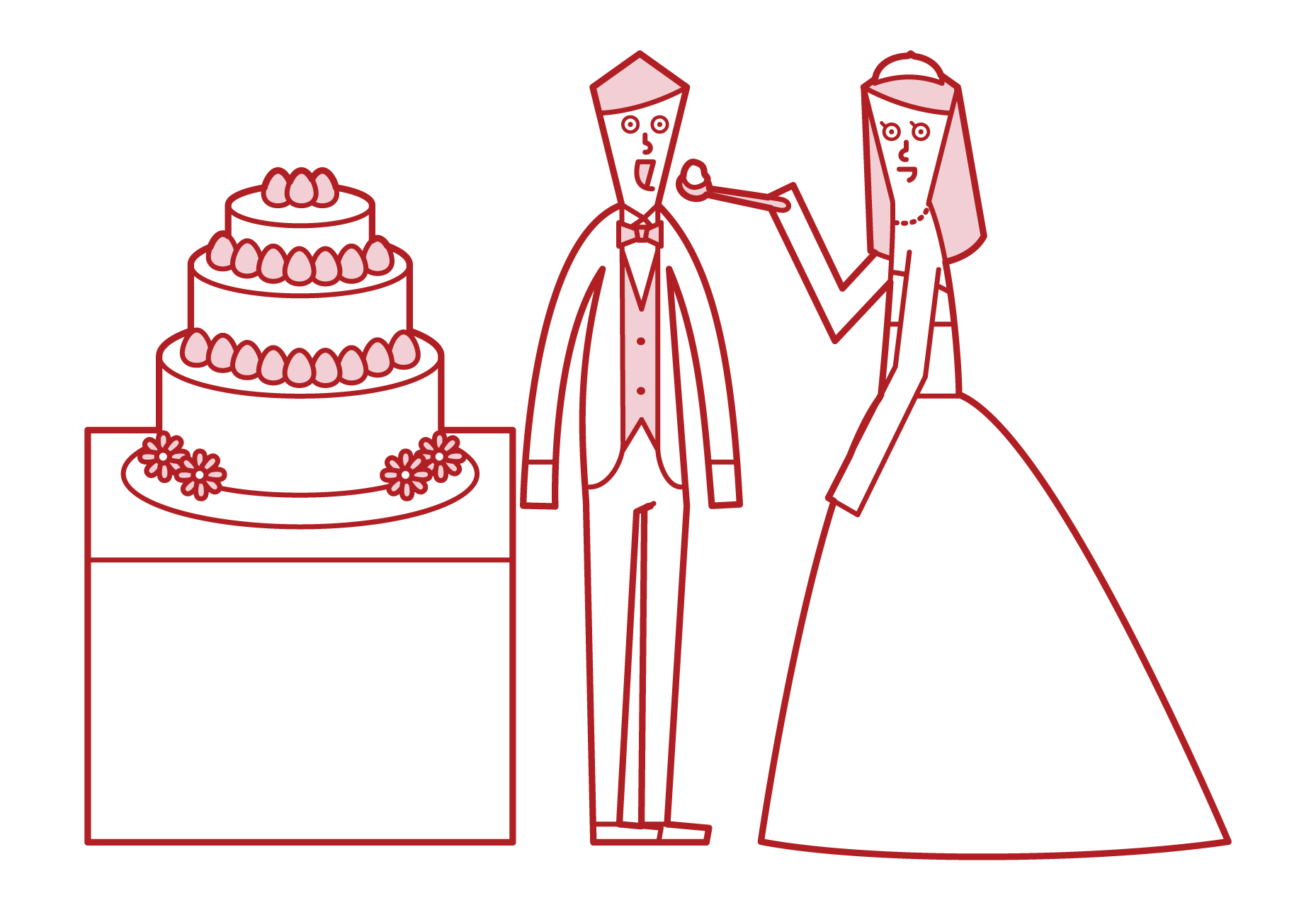 Illustration of bride and groom eating wedding cake