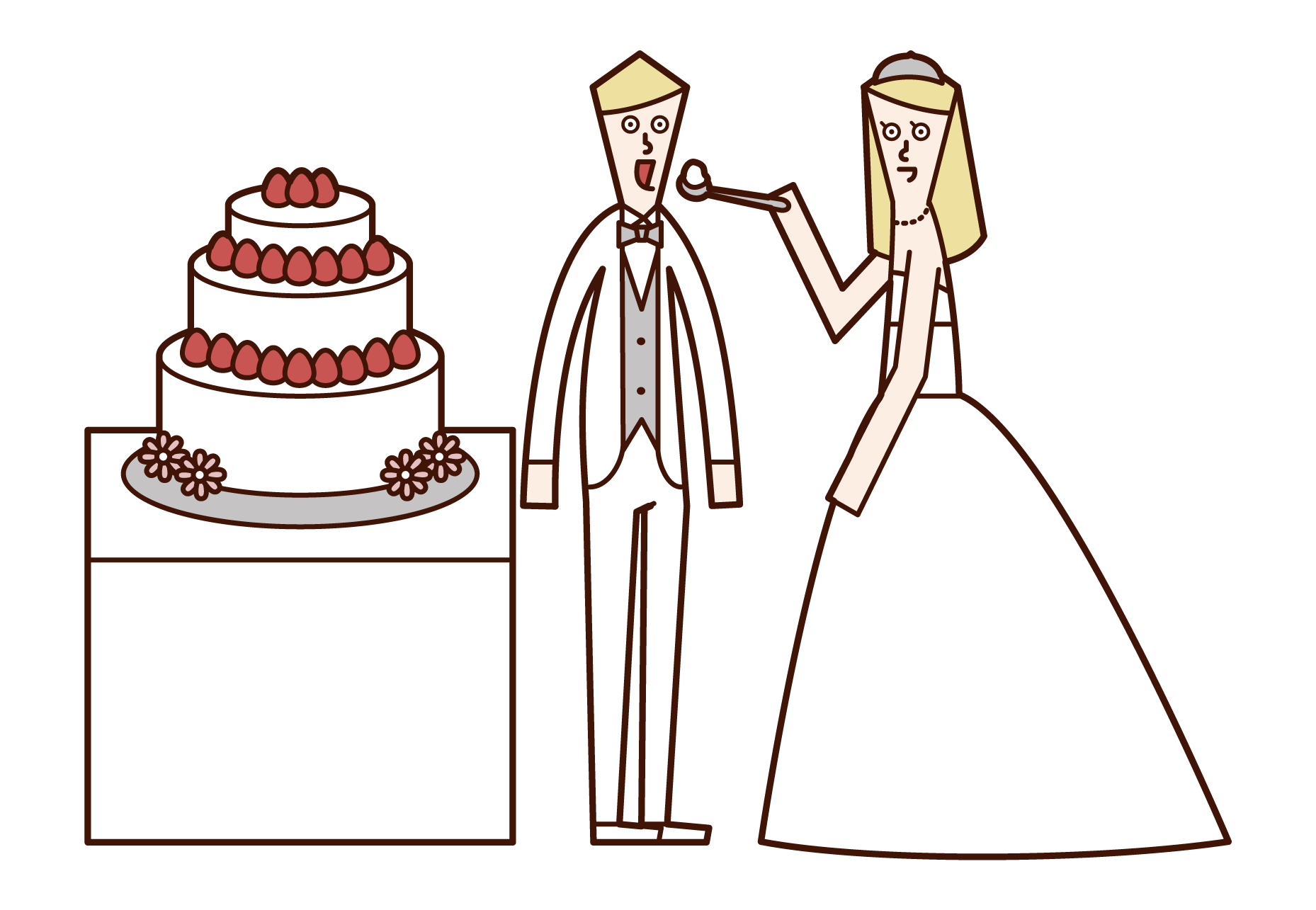 Illustration of bride and groom eating wedding cake