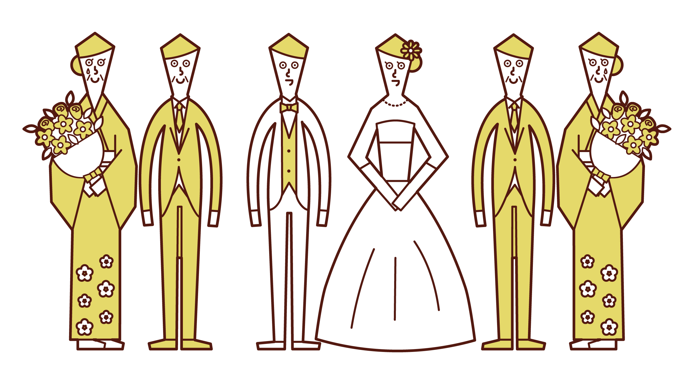 Illustration of bride and groom and parents