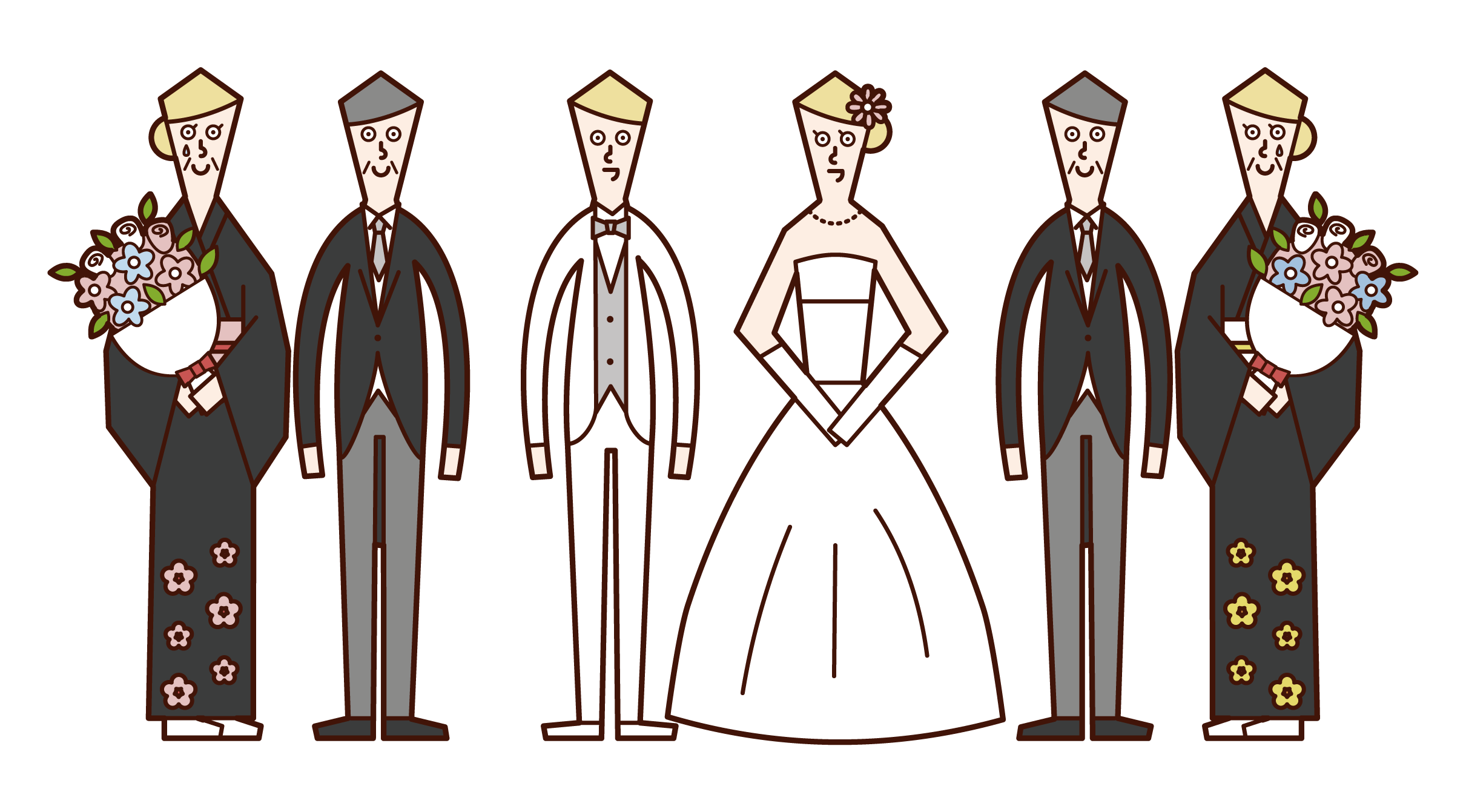 Illustration of bride and groom and parents
