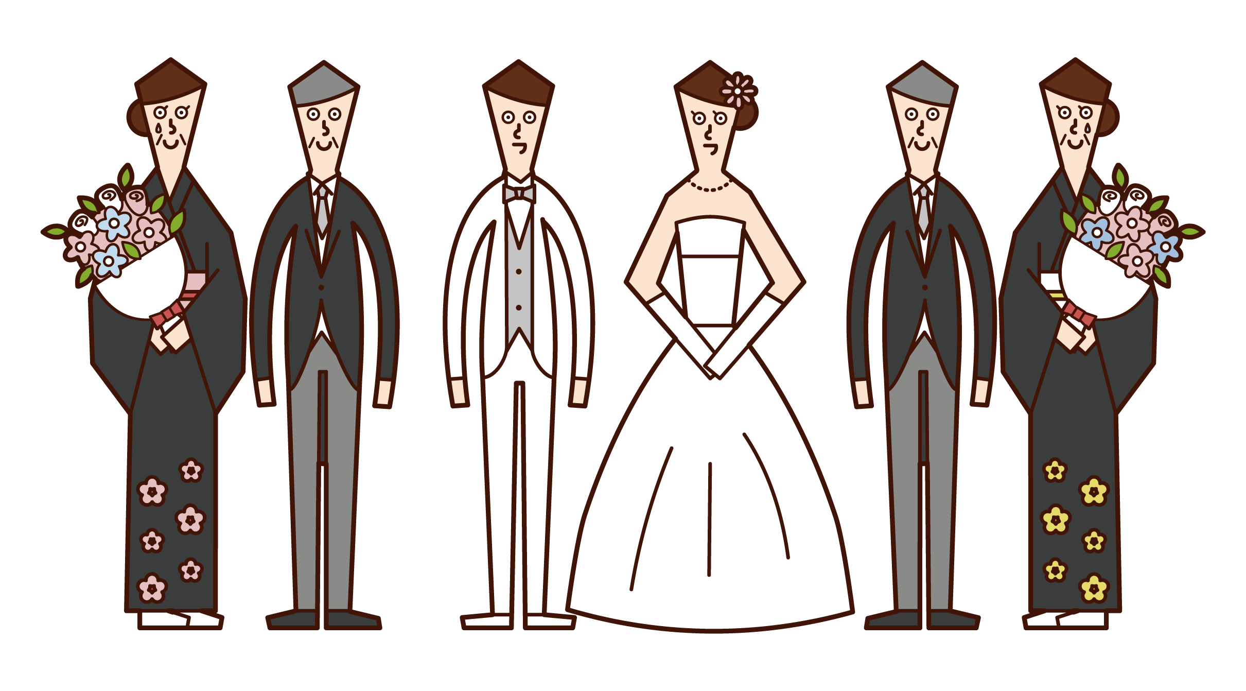 Illustration of bride and groom and parents