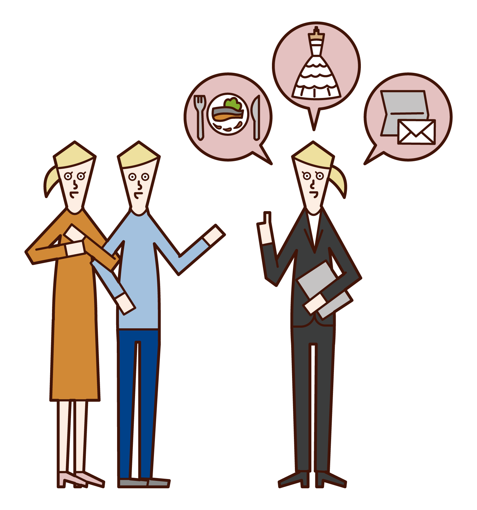Illustration of couple consulting with wedding planner (woman)