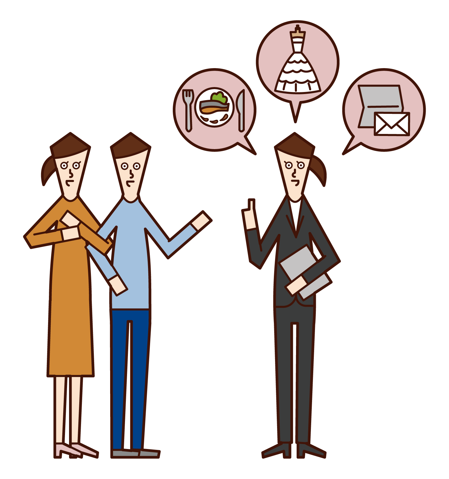 Illustration of couple consulting with wedding planner (woman)