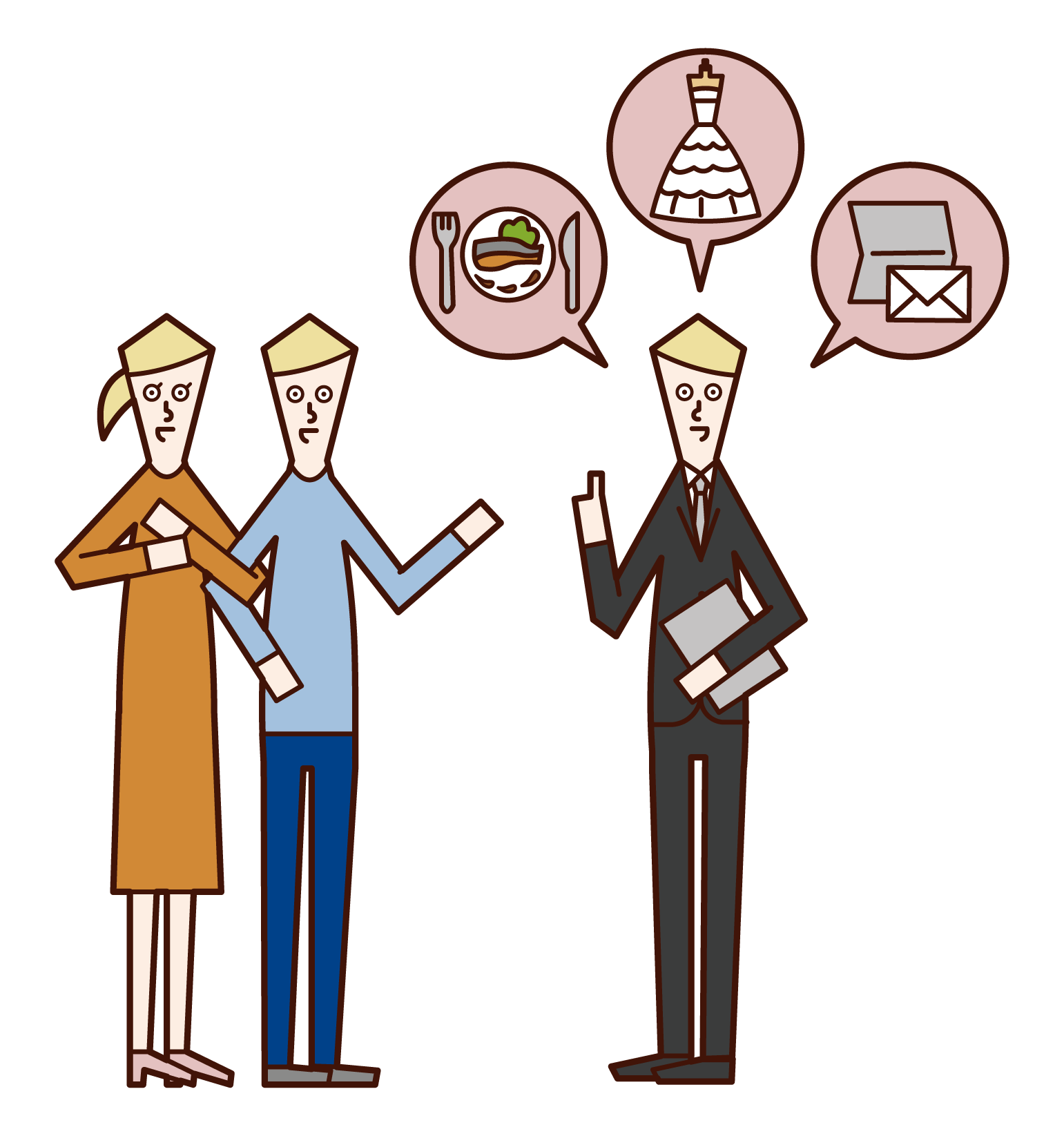 Illustration of couple consulting with wedding planner (man)