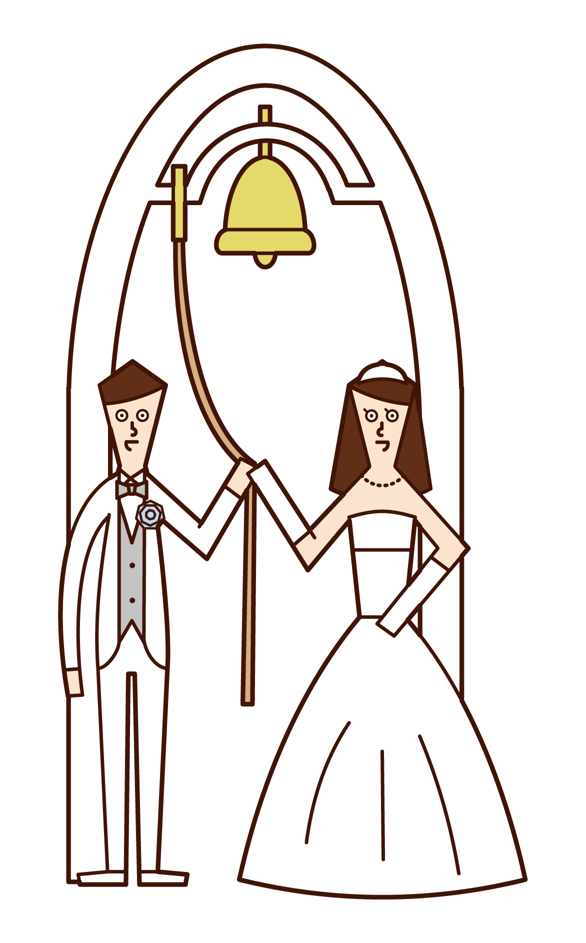 Illustration of bride and groom ringing wedding bell