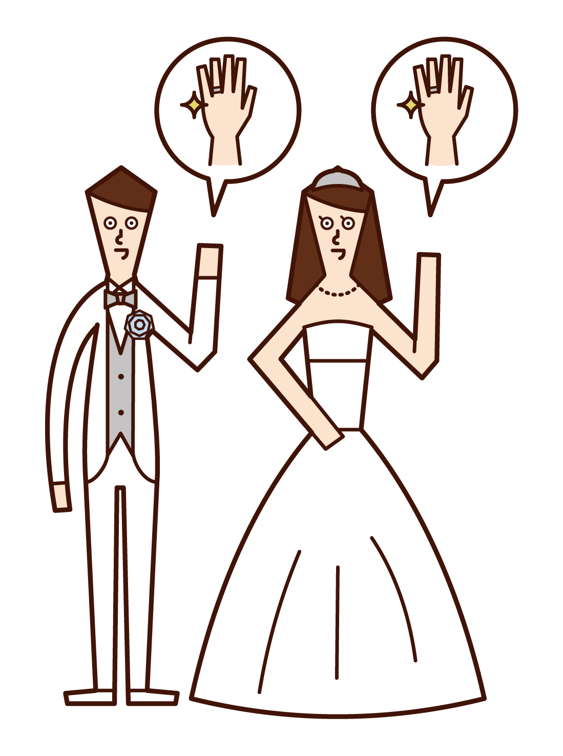 Illustration of bride and groom showing off wedding ring