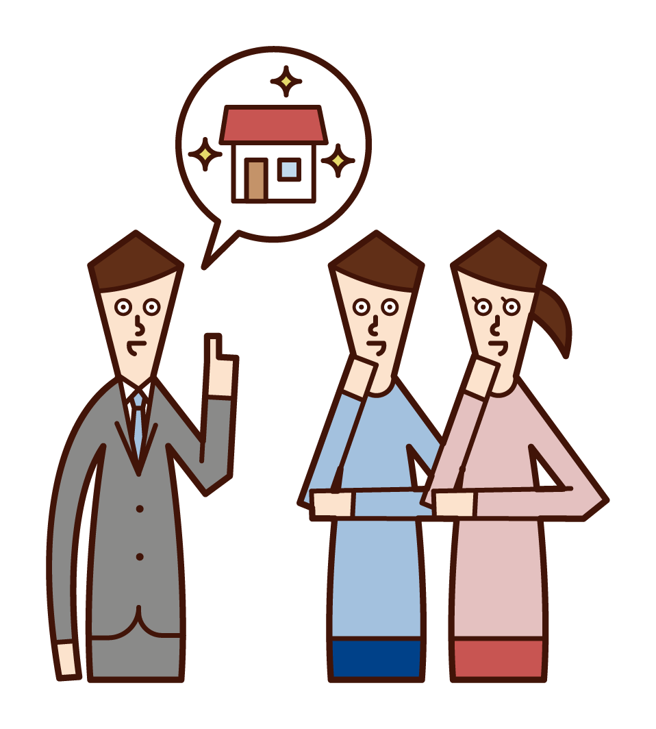 Illustration of couple and my home to consult about buying a house