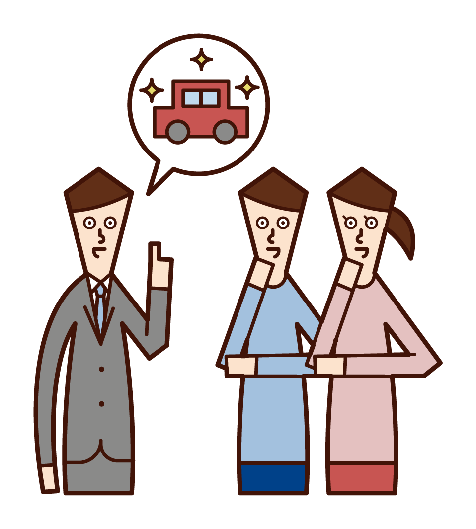 Illustration of a couple consulting about buying a new car