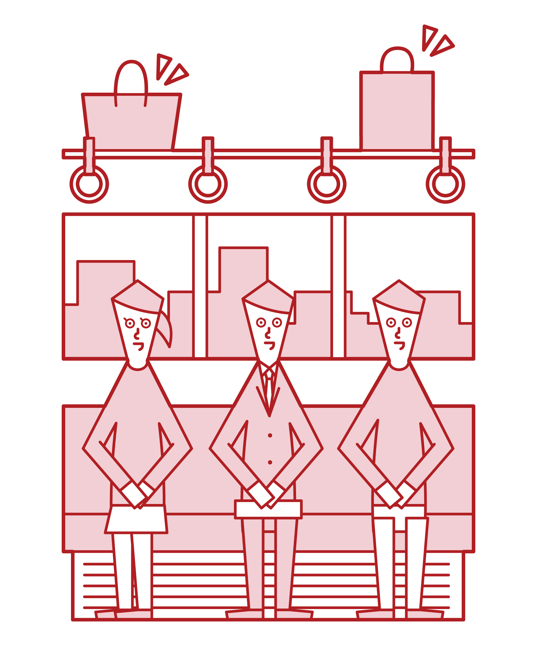 Illustration of a person putting his luggage on a net shelf on a train