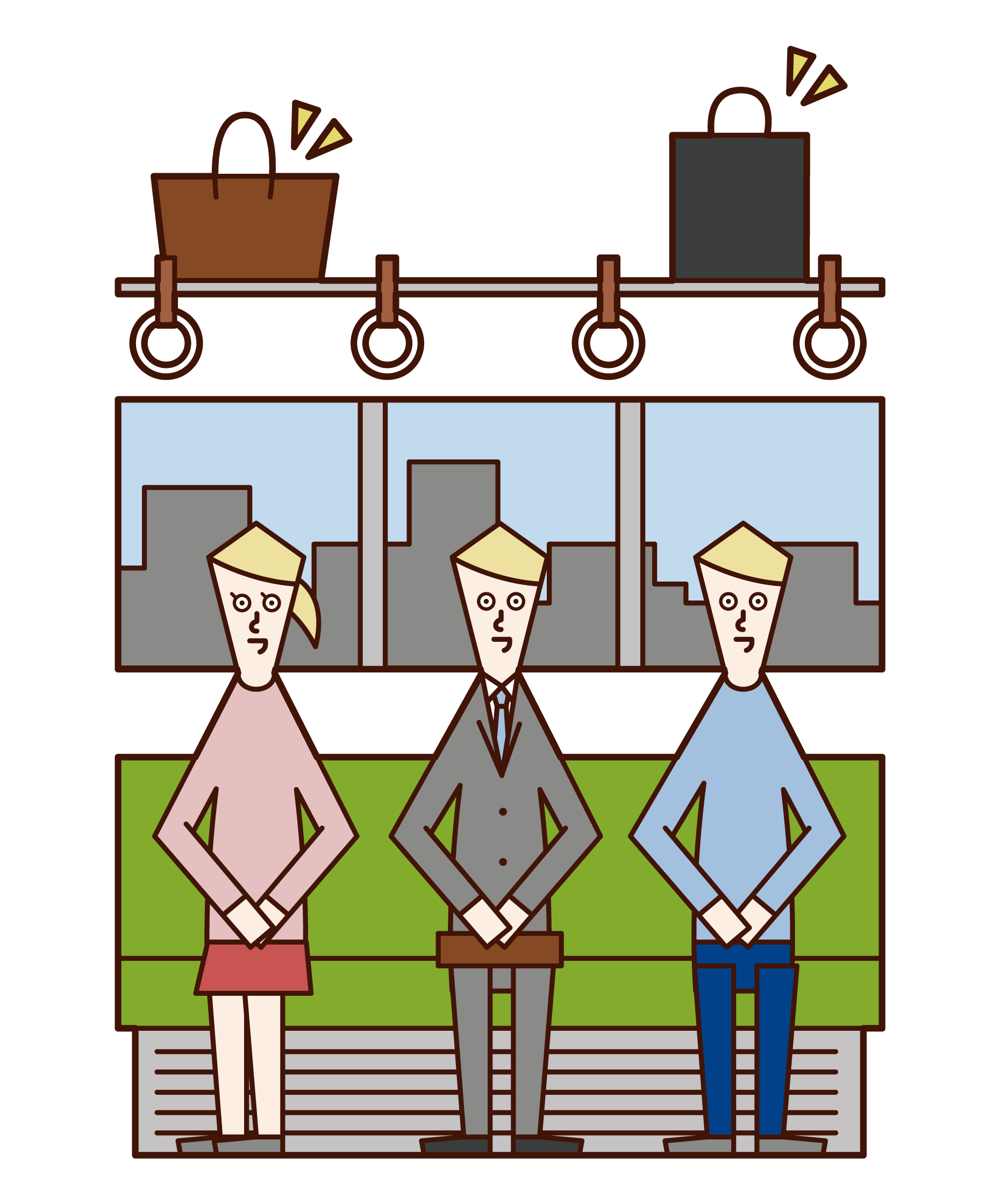 Illustration of a person putting his luggage on a net shelf on a train