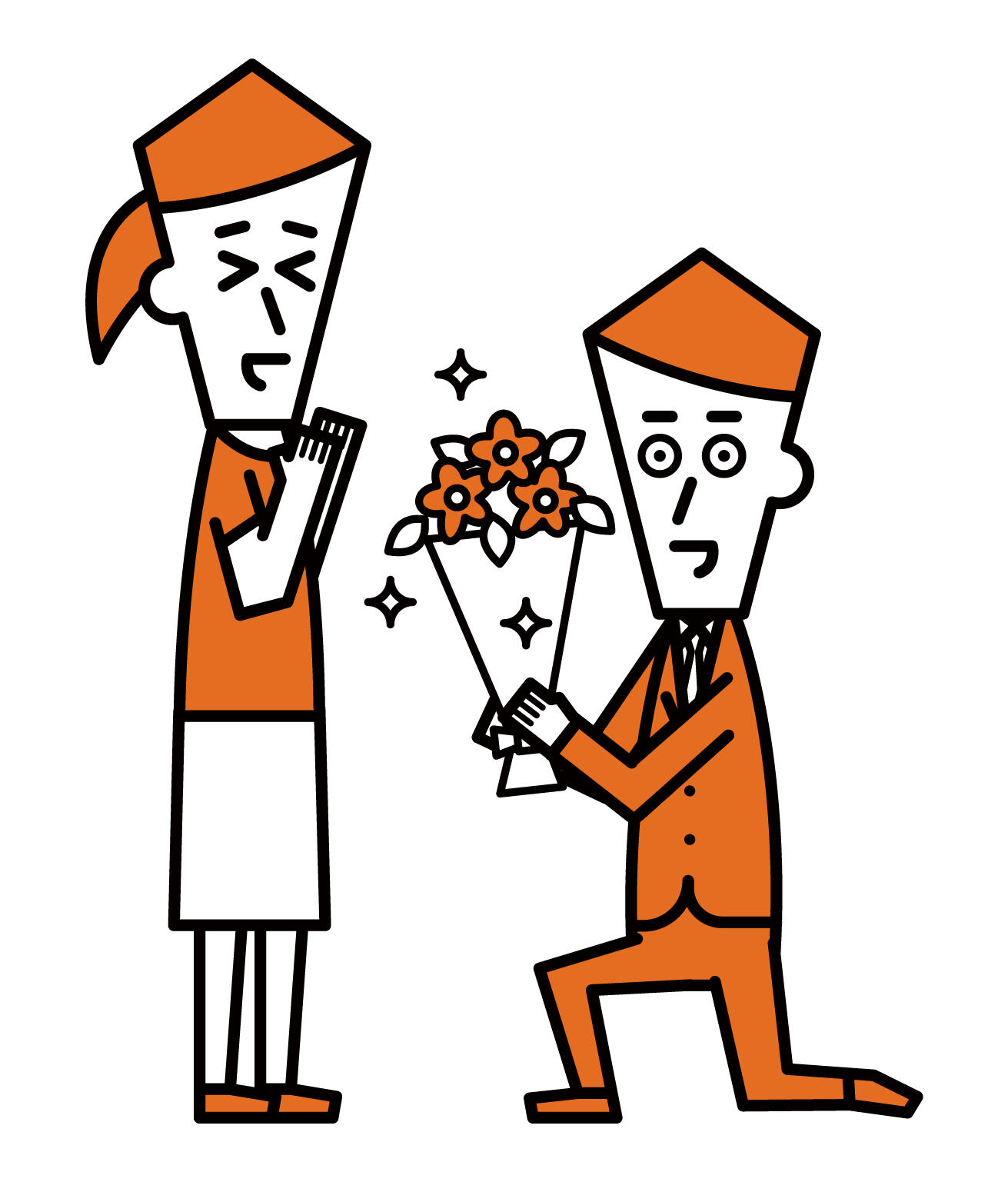 Illustration of a man proposing by handing over a bouquet of flowers