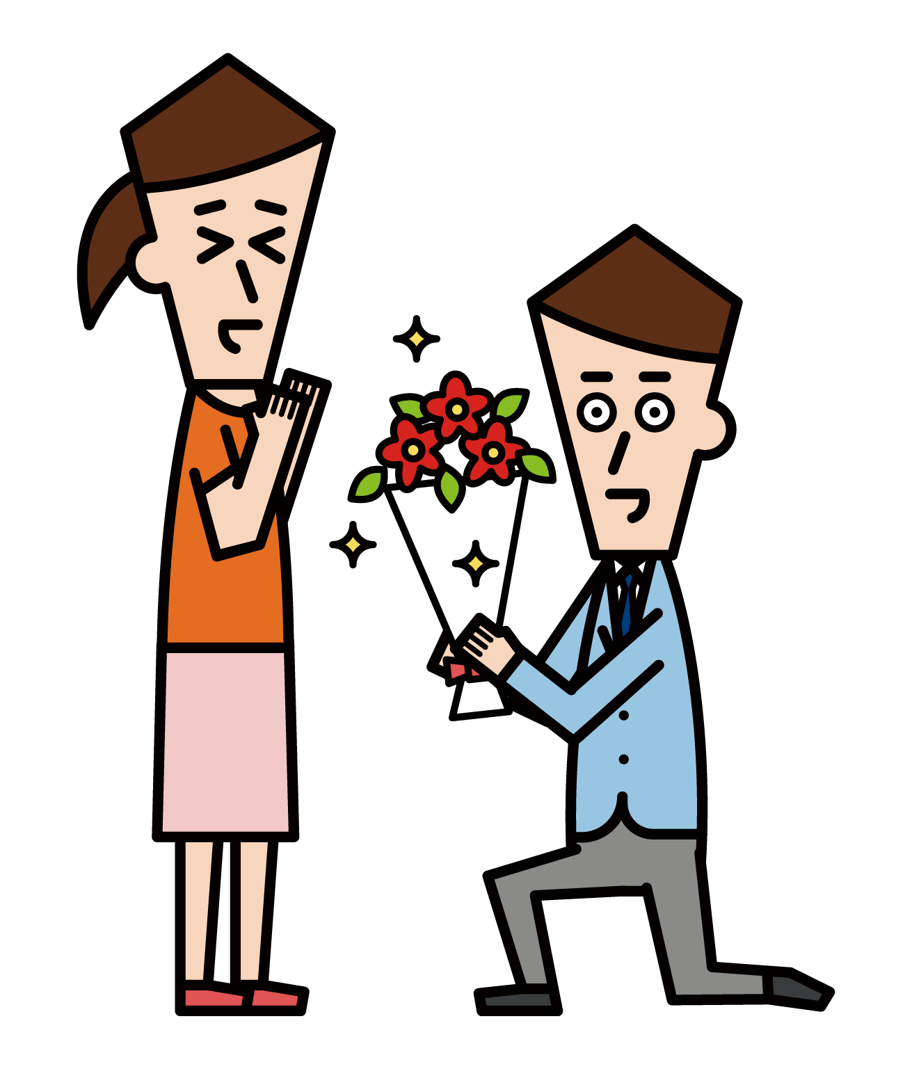 Illustration of a man proposing by handing over a bouquet of flowers