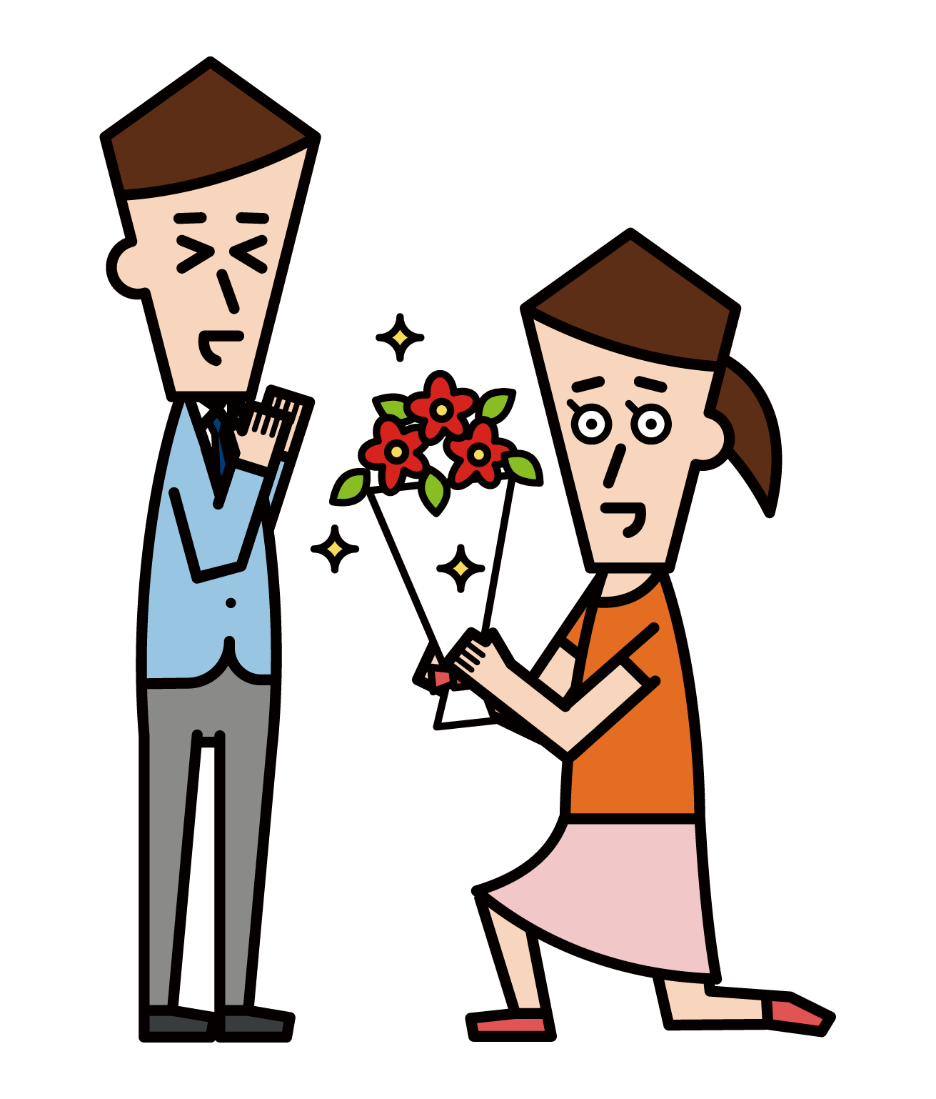 花束を渡してプロポーズする人（女性）のイラスト