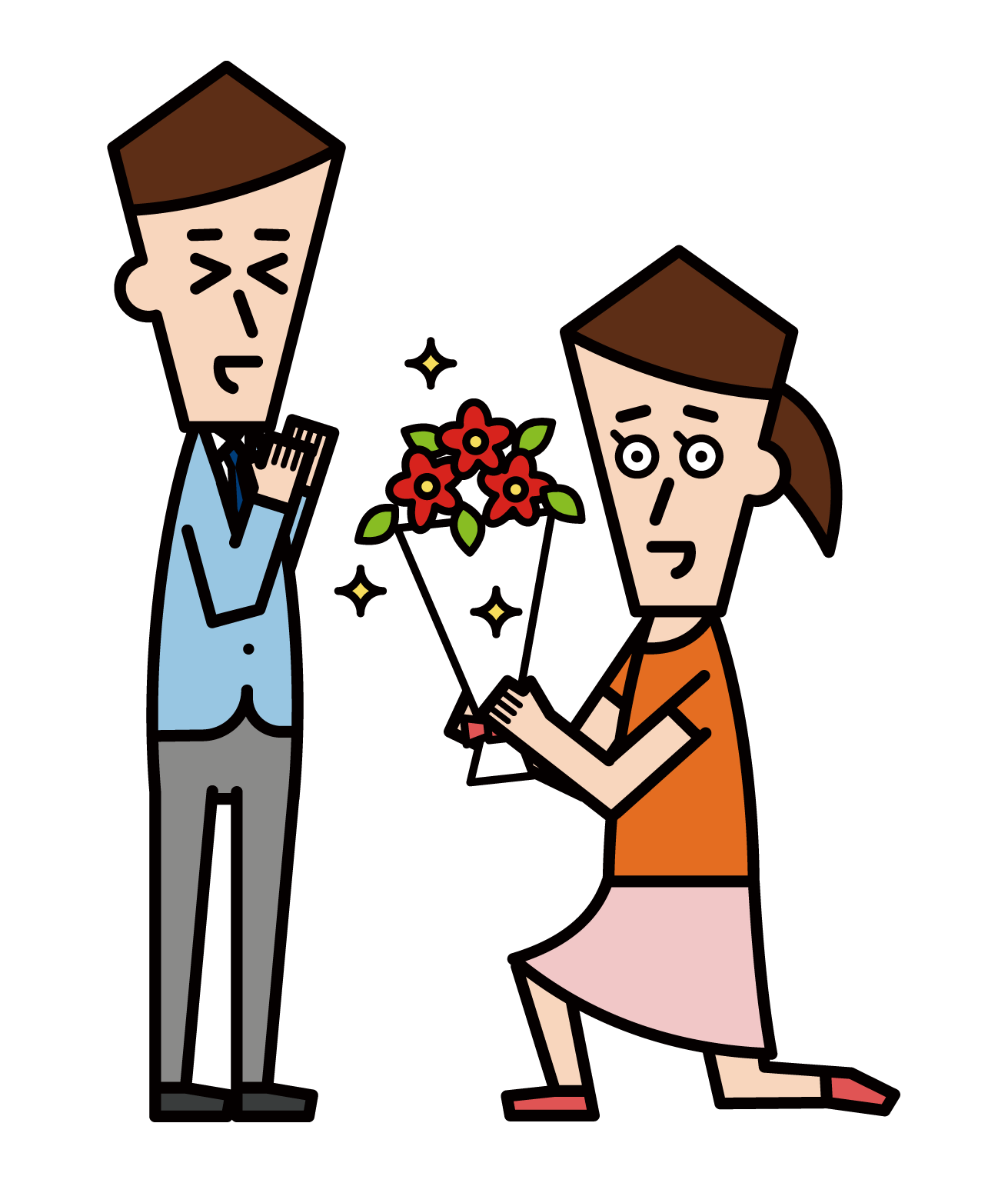 Illustration of a woman proposing by handing over a bouquet of flowers