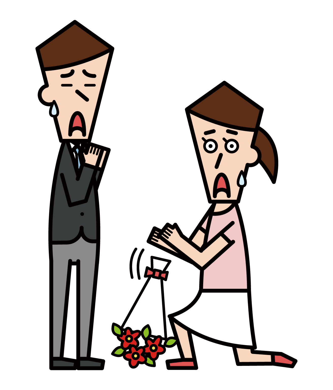 Illustration of a man proposing by handing over a bouquet of flowers