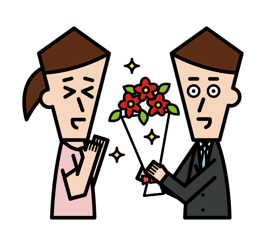 Illustration of a man proposing by handing over a bouquet of flowers