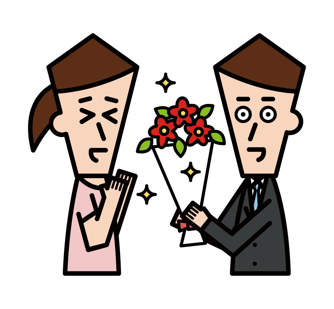 Illustration of a woman proposing by handing over a bouquet of flowers