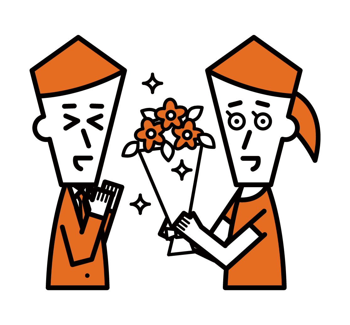 Illustration of a woman proposing by handing over a bouquet of flowers