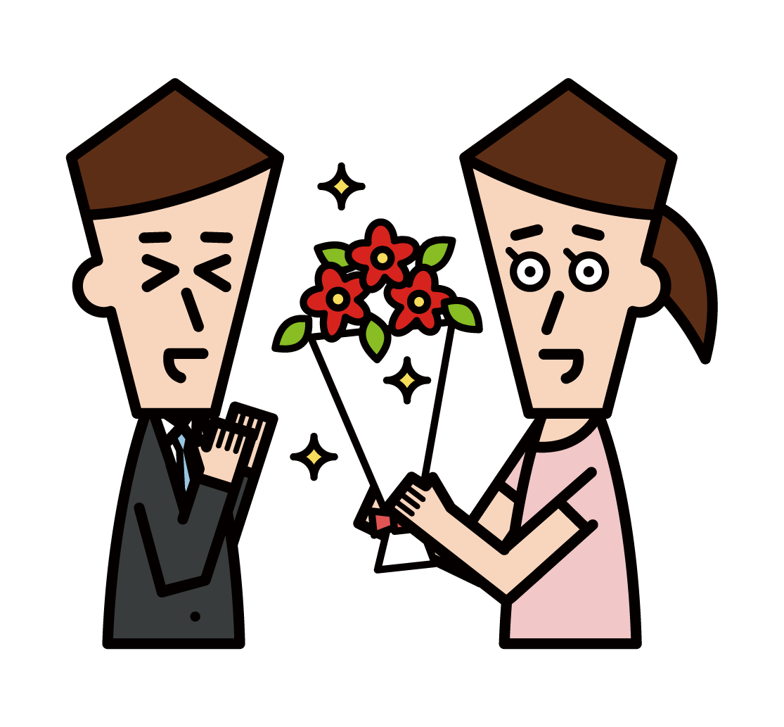 Illustration of a woman proposing by handing over a bouquet of flowers