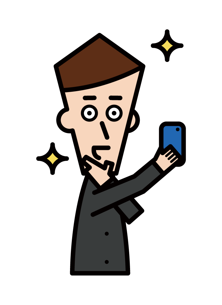 スマートフォンで自撮りをする人（男性）のイラスト