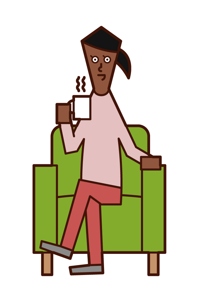 坐在沙發上喝咖啡的人（女性）的插圖