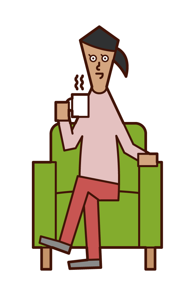 坐在沙發上喝咖啡的人（女性）的插圖