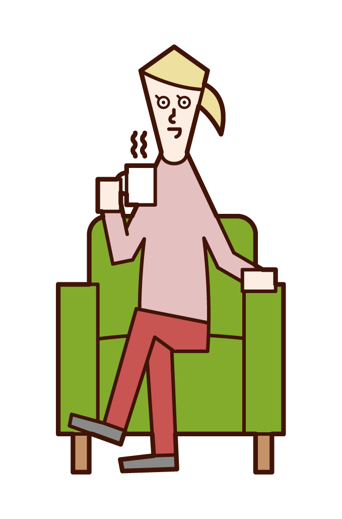 Illustration of a woman sitting on a sofa drinking coffee