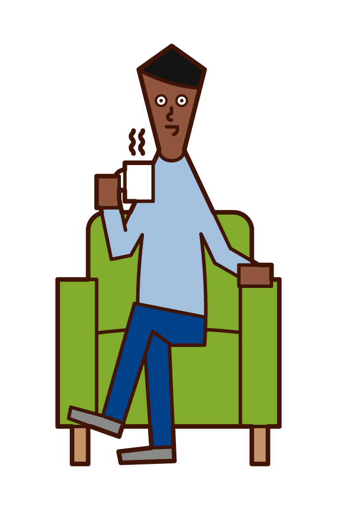 Illustration of a woman sitting on a sofa drinking coffee