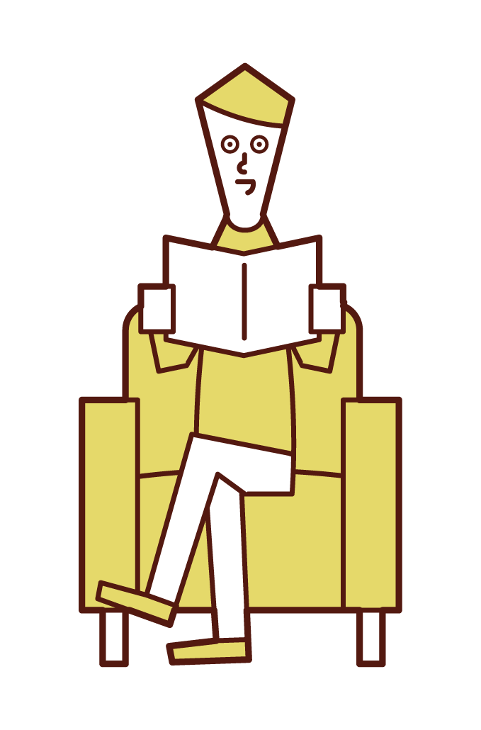 Illustration of a man sitting on a sofa reading a book