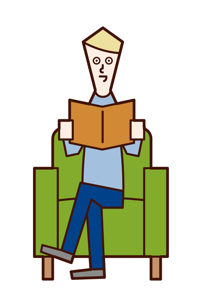 Illustration of a man sitting on a sofa reading a book