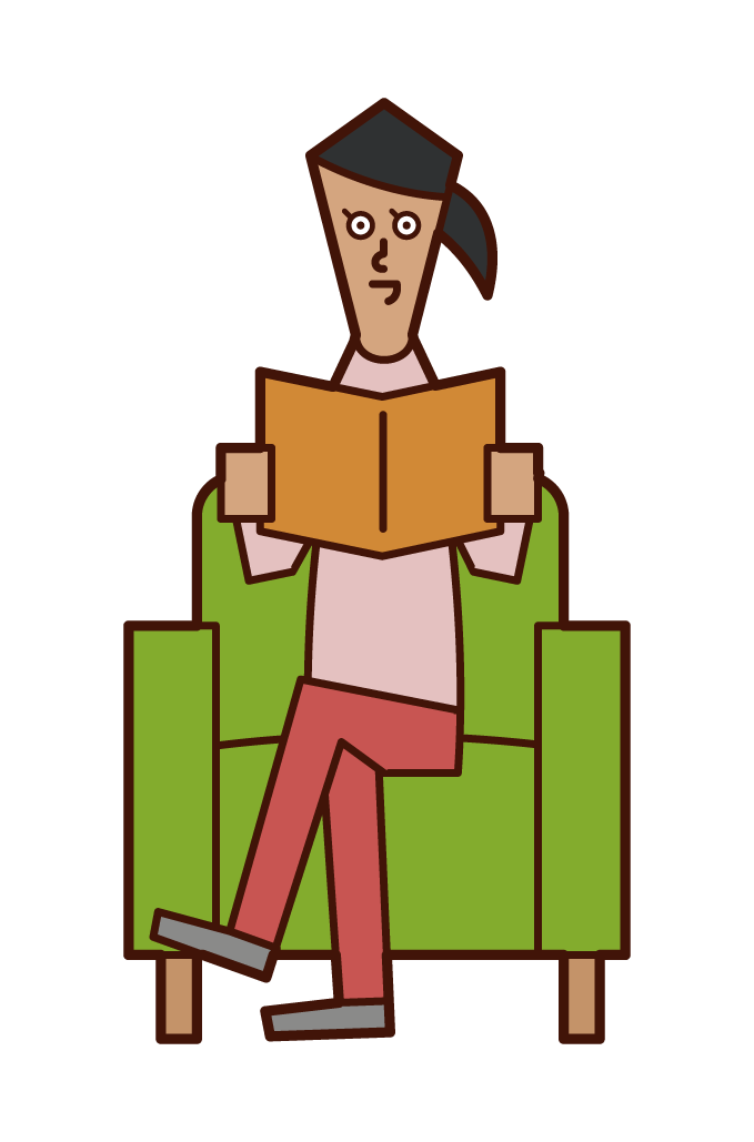 Illustration of a woman sitting on a sofa reading a book