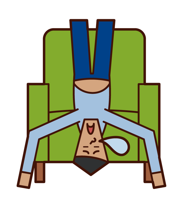 Illustration of a man sleeping upside down on a sofa