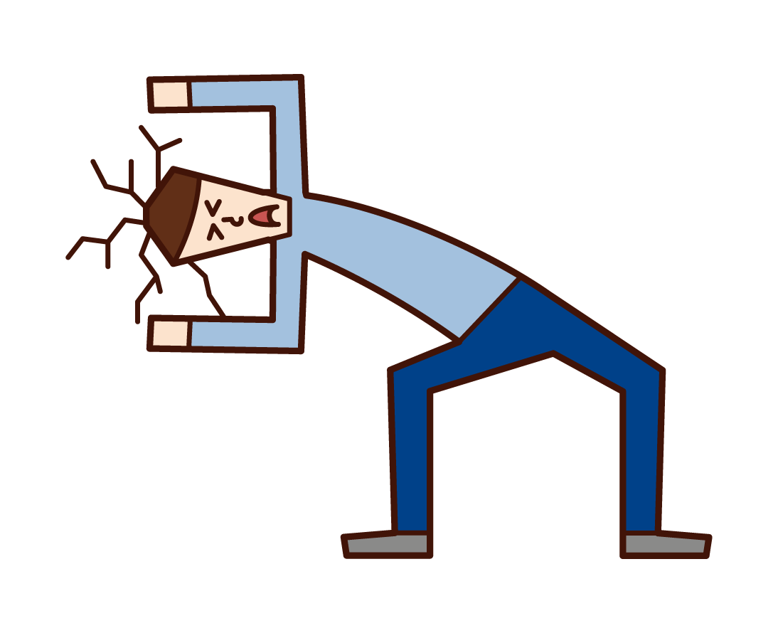 Illustration of a man who has his head stuck in the wall and cannot be pulled out