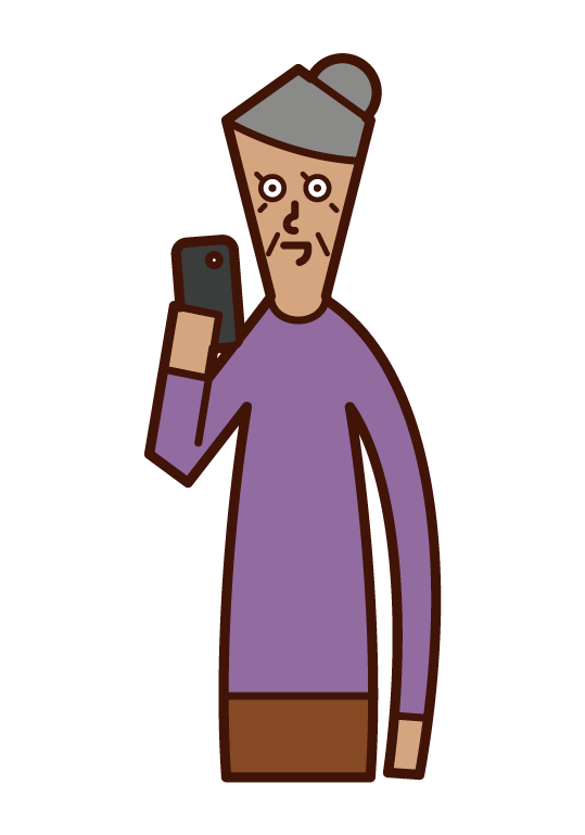 Illustration of an old man (grandmother) using a smartphone