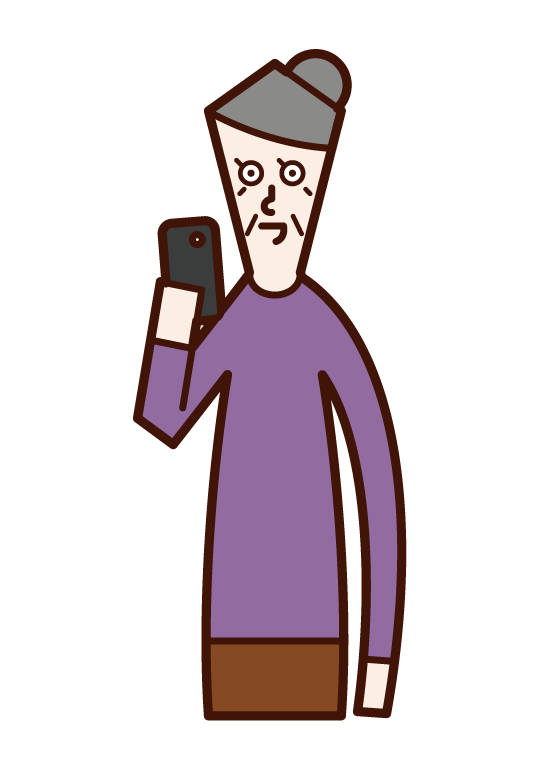 Illustration of an old man (grandmother) using a smartphone