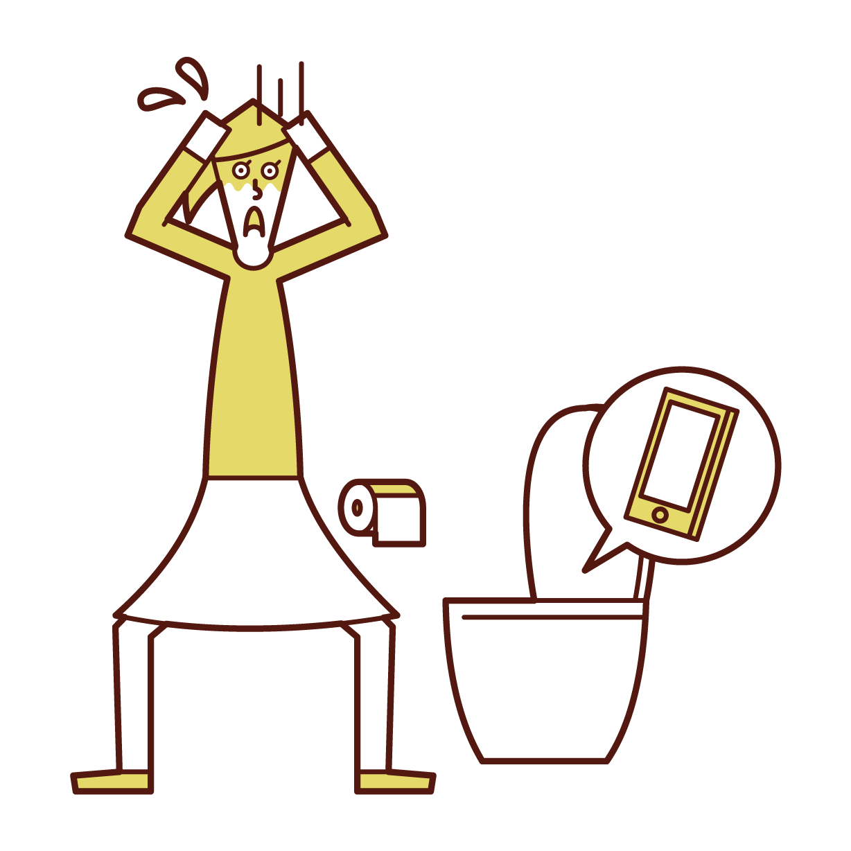 トイレの便器にスマートフォンを落とした人（女性）のイラスト