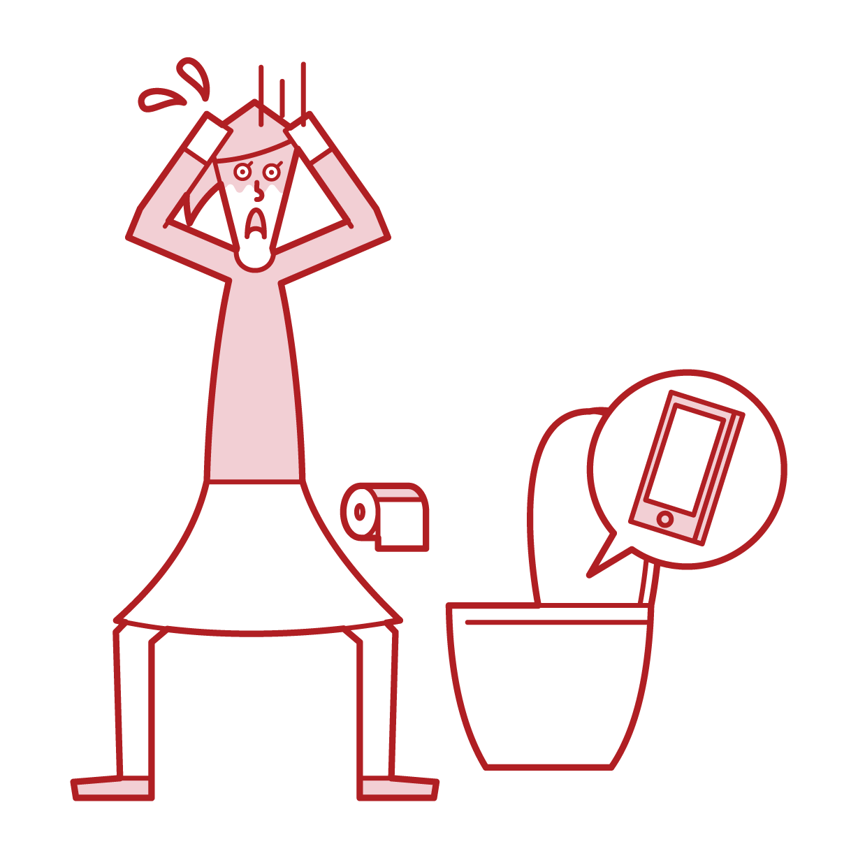 將智慧型手機掉落在廁所小便器上的人（女性）的插圖