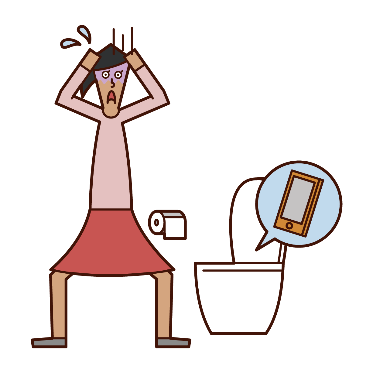將智慧型手機掉落在廁所小便器上的人（女性）的插圖