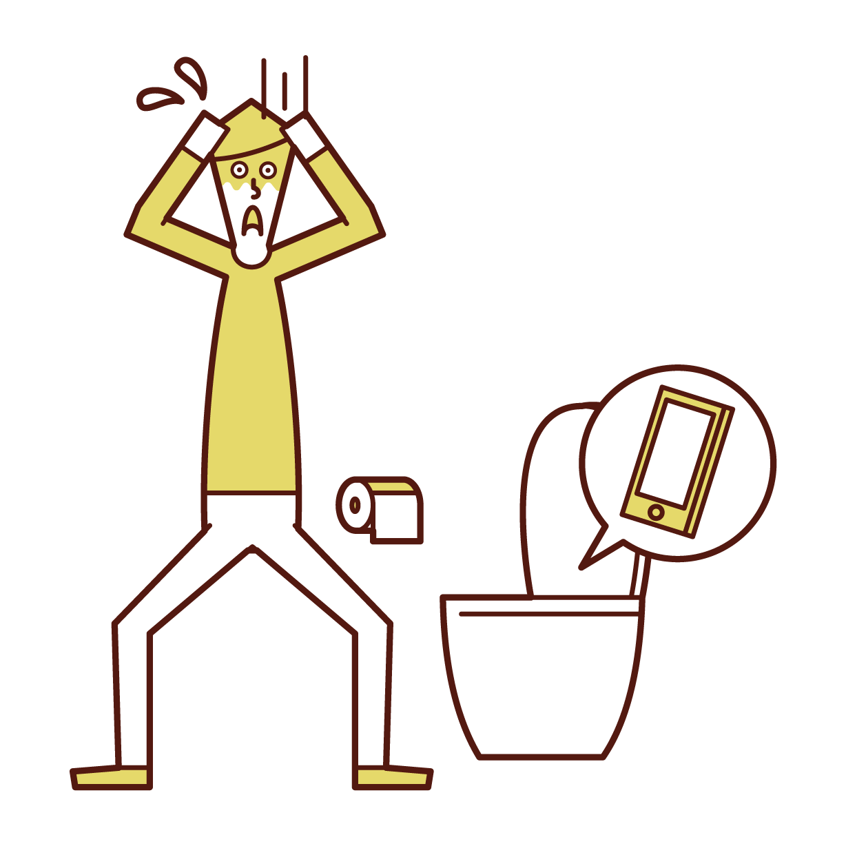 將智慧型手機掉落在廁所小便器上的人（男性）的插圖