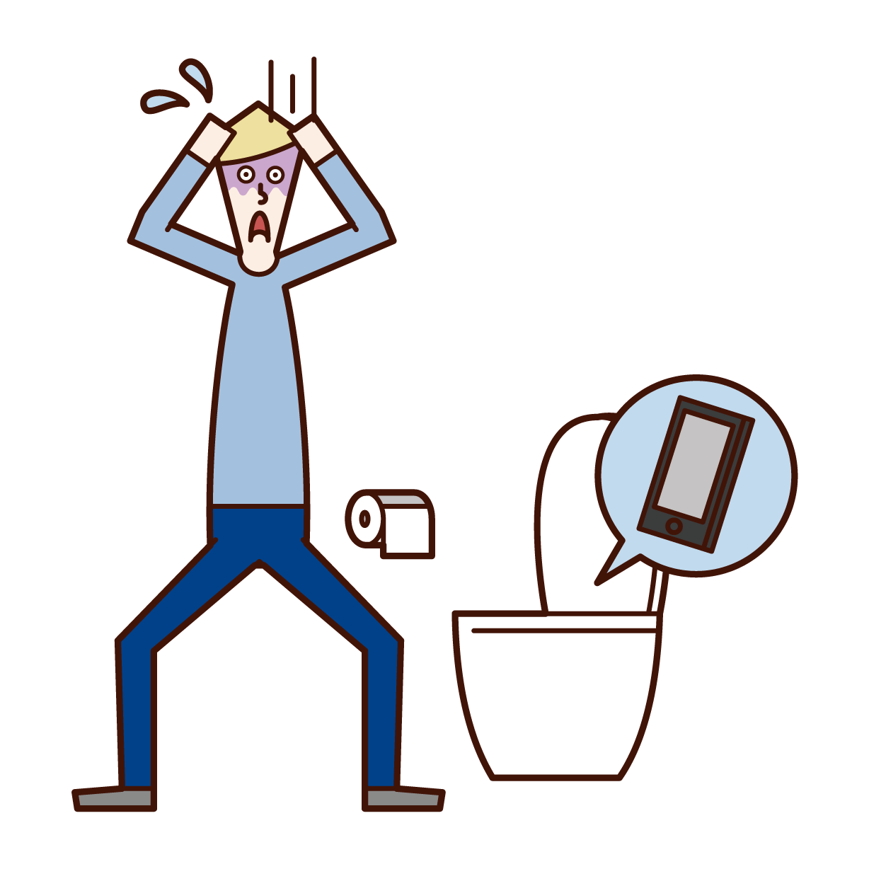 將智慧型手機掉落在廁所小便器上的人（男性）的插圖