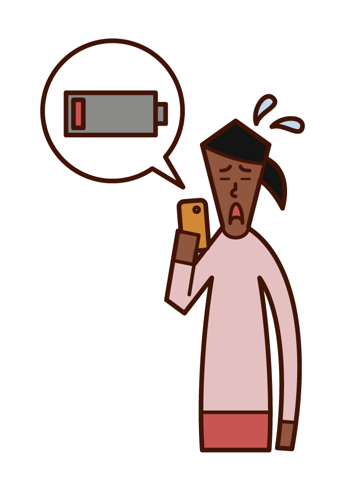 Illustration of a person (woman) who is impatient with a low battery level of a smartphone