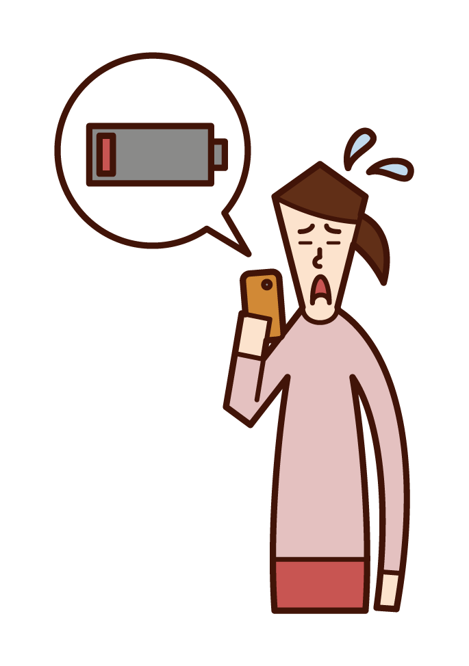 スマートフォンのバッテリー残量が少なくて焦る人（女性）のイラスト