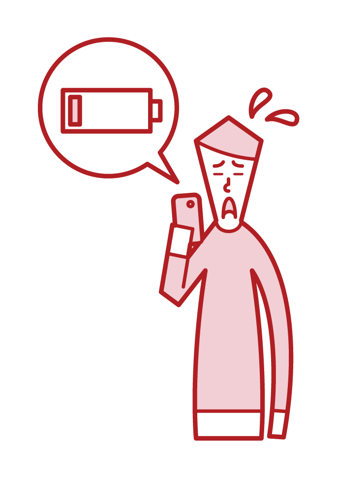 スマートフォンのバッテリー残量が少なくて焦る人（男性）のイラスト