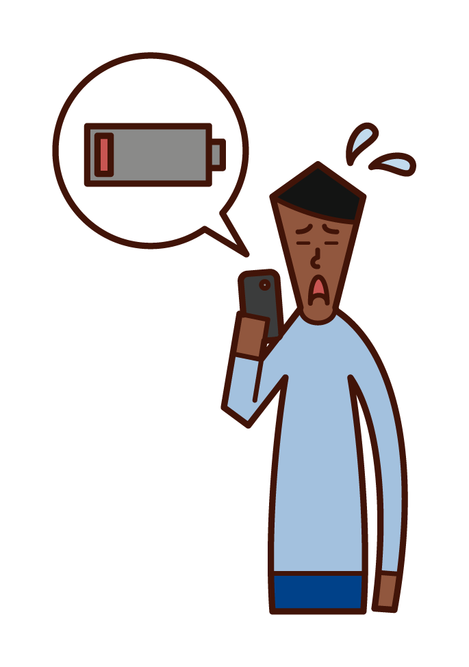智慧手機電池電量低而不耐煩的人（男性）的插圖